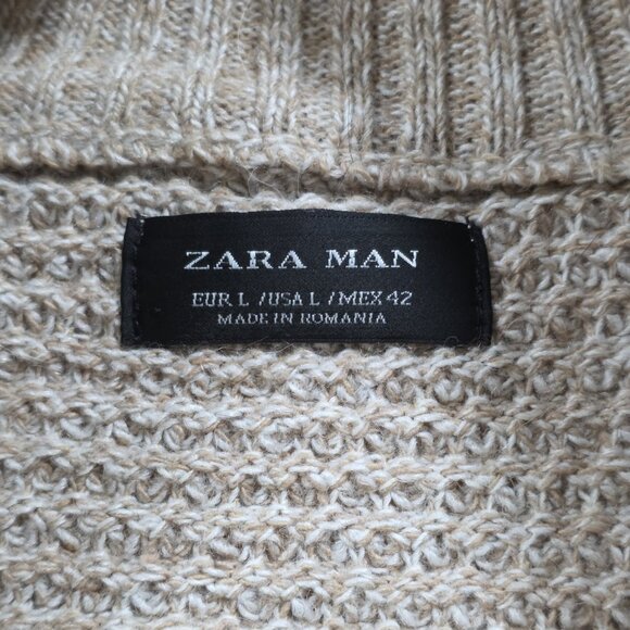 Zara Cardigan Men L Beige Marled Textured LS Shawl Collar Button Preppy Academia - Picture 3 of 14